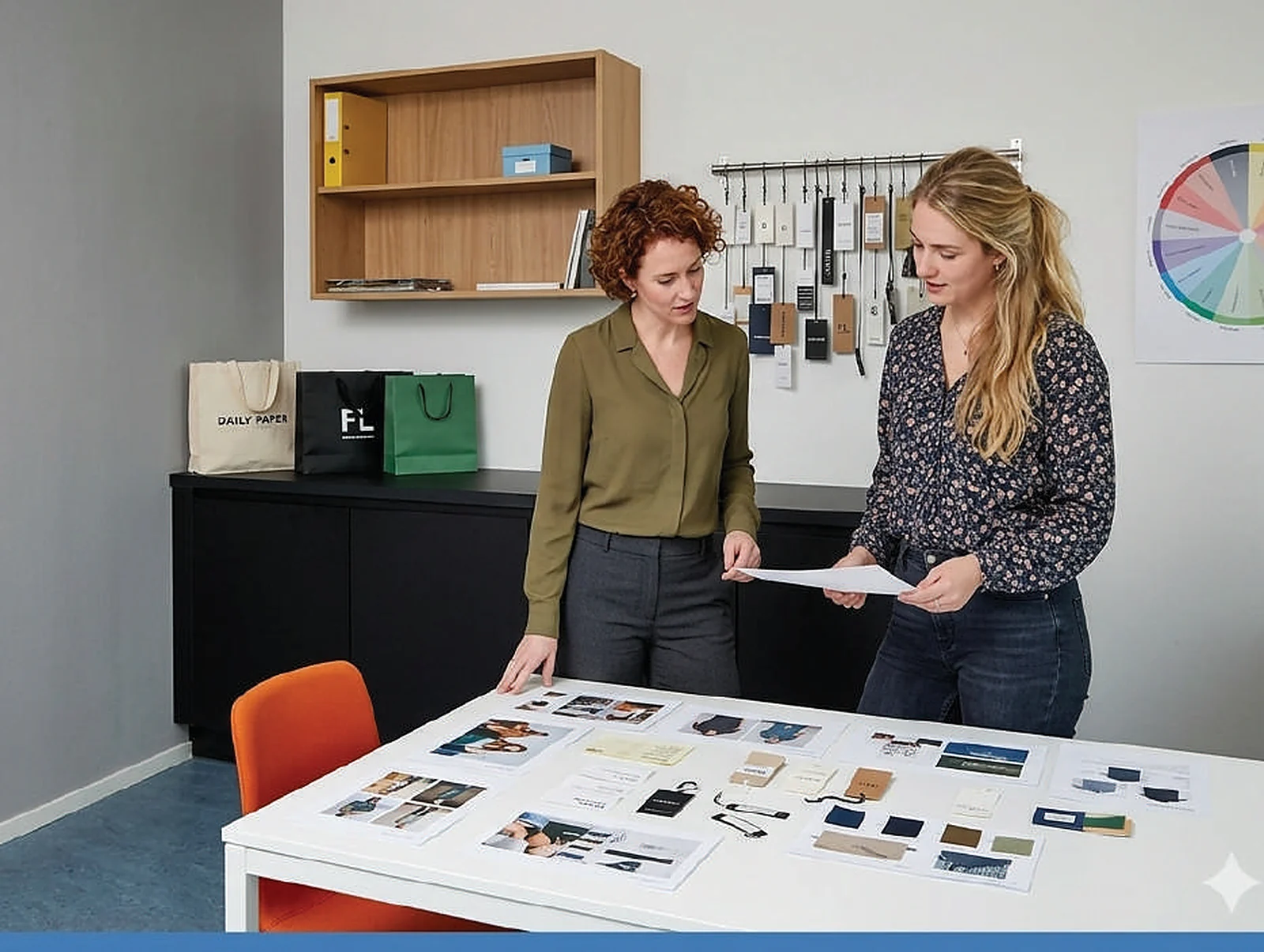 Two designers reviewing trim and packaging samples on a table
